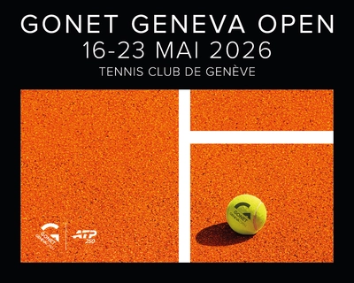 Affiche promotionnelle du tournoi de tennis Gonet Geneva Open 2026. Le visuel présente un gros plan d'une balle de tennis sur un court en terre battue orange. En haut, sur fond noir, est inscrit : "Gonet Geneva Open, 16-23 mai 2026, Tennis Club de Genève". Les logos du tournoi et de l'ATP 250 figurent en bas à gauche.