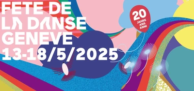 Sur un fond aux couleurs vives – rose, violet, bleu foncé, bleu clair – on distingue le titre de l'événement ainsi que les dates. Des oiseaux et des graines de pissenlit qui s'envolent viennent agrémenter l'ensemble.