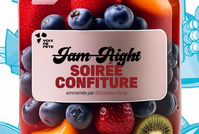 Un pot de confiture avec une étiquette où il est écrit : Jam night, soirée confiture avec le logo du festival Voix de Fête.
