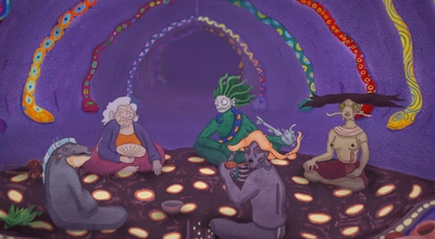 Illustration colorée représentant un univers fantastique où des personnages bleus aux traits semi-humains évoluent dans un environnement organique aux teintes violettes.