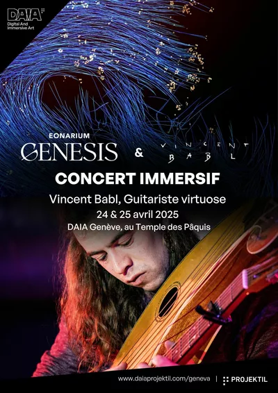 Flyer indiquant le concert de Vincent Babl, un guitarist virtuose. C'est un concert immersif le 24 et 25 avril au Temple des Pâquis à Genève.