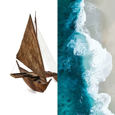 Océan et maquette de pirogue à balancier