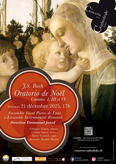 Jeune mère portant tendrement son jeune enfant dans les bras. Annonce de l'Oratorio dirigé par Emmanuel Junod à la Cathédrale de Genève le 21 décembre à 17h