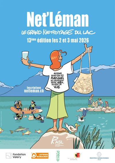 Net'Léman 2026 Une illustration représentant un groupe de personnes entrain de ramasser des déchets sur les rives du Léman.
