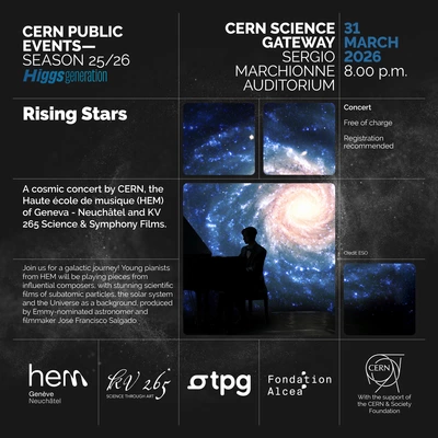 Affiche promotionnelle pour l'événement « Rising Stars » du CERN, représentant une silhouette observant un ciel étoilé, les détails de l'événement et plusieurs logos de sponsors.