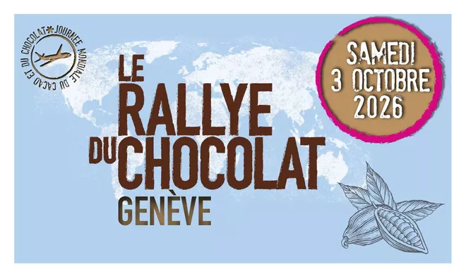affiche fond bleu avec mappemonde blanche et titre de l'évènement Le rallye du chocolat de Genève 2026 date le samedi 3 octobre, une journée dédiée aux artisans chocolatiers et dégustation de créations chocolatées. / blue background with white globe and event title The Geneva chocolate rally 2026, dates on Saturday, October 3, a day dedicated to chocolate artisans and tasting of chocolate creations.