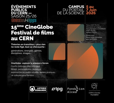 CineGlobe 2026 Poster for the 15th CineGlobe Film Festival at CERN, June 5-7, 2026. Features abstract graphics and text highlighting themes like science and transition.