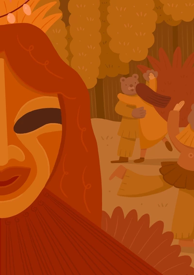 L’image illustre une scène poétique et onirique dans des tons chauds et orangés. Au premier plan, un visage masqué aux traits stylisés capte l’attention, encadré par une chevelure rouge ornée de motifs. En arrière-plan, des personnages costumés dansent et se déplacent avec grâce, dont l’un, en forme d’ours, enlace une figure humaine. L’ensemble évoque un univers enchanteur où la nature et le spectacle se mêlent harmonieusement.