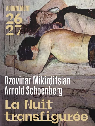 La Nuit transfigurée L’image montre deux personnes allongées l’une contre l’autre, dans une ambiance sombre et artistique. C’est une affiche pour « La Nuit transfigurée », avec les noms de Dzovinar Mlikirditsian et Arnold Schoenberg.