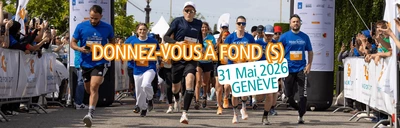 11th edition of RACE FOR GIFT – A charity run and walk open to everyone. Départ de course avec des coureurs et des coureuses "à fond" et le texte qui fait un jeu de mot "Donnez vous à fond! à fonds. et la date 31 mai 2026 GENEVE.
