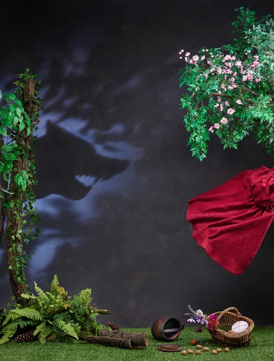 Mise en scène du conte le petit chaperon rouge avec objets du MEG.On voit l'ombre du loup et une demi cape qui semble s'enfuir.