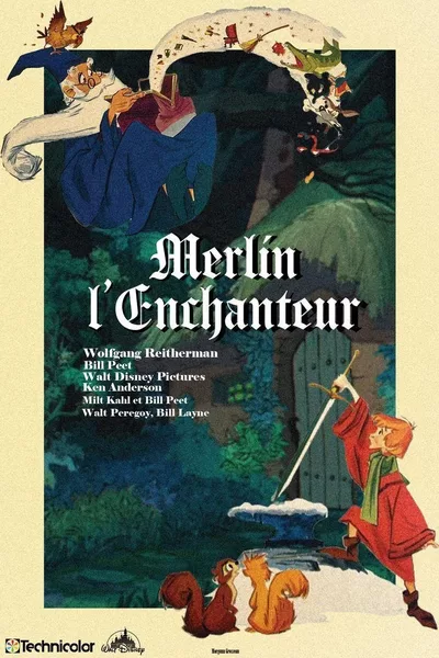 CinéClubturel - The Sword in the Stone Dans une scène médiévale enchantée, le jeune Arthur brandit une épée sous le regard du magicien Merlin, tandis que des animaux et des objets magiques animent l'affiche d'une atmosphère féerique et initiatique.