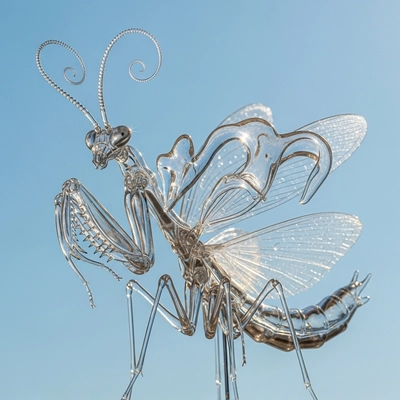 Image générée par IA d'une sorte de mante religieuse en verre avec des ailes ornementées, sur un ciel bleu
