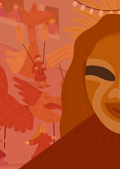 L'image est une illustration colorée représentant une scène de fête ou de carnaval. On y voit plusieurs personnages costumés tenant de grandes marionnettes d’oiseaux aux ailes déployées, montées sur des tiges. À l'avant-plan, une partie d’un grand masque doré est visible, avec un sourire et des motifs décoratifs. En arrière-plan, des spectateurs souriants observent la scène depuis des fenêtres. L'ensemble de l'image est dominé par des tons chauds, principalement des nuances de rouge, d’orange et de jaune, créant une atmosphère festive et chaleureuse.