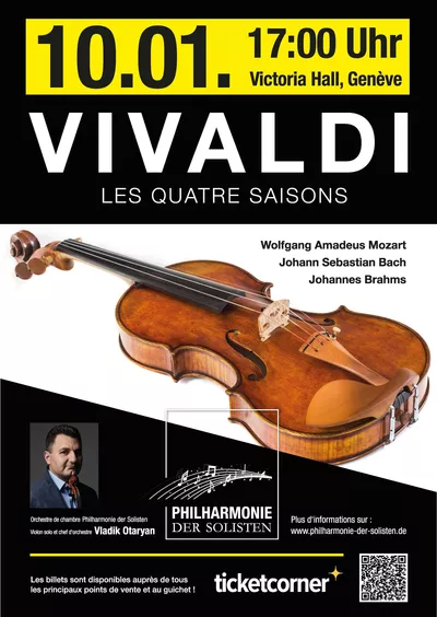 Philharmonie der Solisten | VIVALDI – The Four Seasons Image promotionnelle de la Philharmonie der Solisten montrant le chef d'orchestre et un violon, le logo de l’orchestre et le texte «Le meilleur de toutes les époques – du baroque à la musique moderne».
