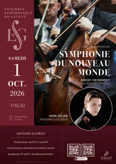Geneva Symphony Orchestra Affiche de concert: les pupitres des violoncelles de l’Ensemble Symphonique de Genève jouent avec passion, le jeune soliste de 19 ans Arne Zeller pose dans un encadré. Il est inscrit que le concert a lieu le 1er octobre à 19h30 au Victoria Hall, autour d’un programme dédié à Antonín Dvořák, notamment la «Symphonie du Nouveau Monde», les «Danses slaves» et le «Concerto pour violoncelle et orchestre» op. 104