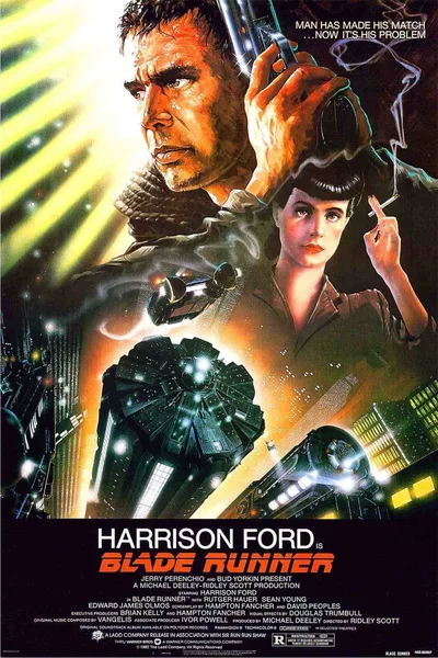 CinéClubturel - Blade Runner Affiche de science-fiction dense et spectaculaire montrant le détective Rick Deckard armé, entouré de visages de personnages, de néons futuristes et de véhicules volants, sur fond de ville dystopique baignée de lumières nocturnes. Inspirée du style illustré épique des années 1980.