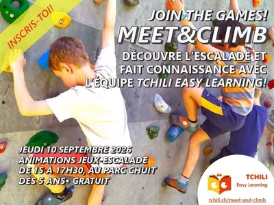 Meet&Climb - Introduction to bouldering Visuel de l'évènement Meet&Climb automne '26 représentant des enfants grimpant sur un bloc d'escalade
