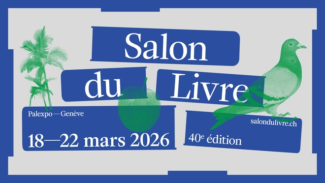 Affiche du salon du livre 2026, avec des livres empilés en bleu sur lesquelles les informations apparaissent et des illustrations vertes transparentes d'un pigeon, d'une pomme et de palmiers