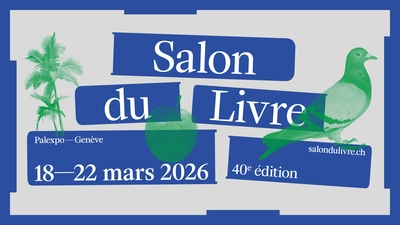 Affiche du salon du livre 2026, avec des livres empilés en bleu sur lesquelles les informations apparaissent et des illustrations vertes transparentes d'un pigeon, d'une pomme et de palmiers