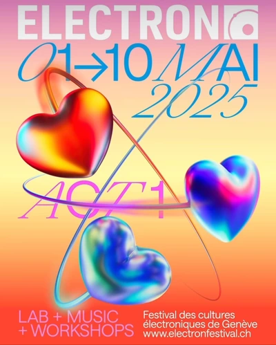 Sur cette image, on voit les dates de l'événement, le titre, les activités présentes, et le lien pour le site de l'événement. On voit trois cœurs de couleurs différentes qui semblent être en mouvement.