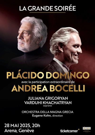 L’image est une affiche de concert avec un fond sombre et dégradé, allant du noir au rouge profond. Deux grands portraits de célèbres chanteurs d’opéra dominent l’affiche : À gauche, le visage de Plácido Domingo, vu de profil, regardant vers la droite. À droite, le visage de Andrea Bocelli, également vu de profil, souriant, regardant vers la gauche.