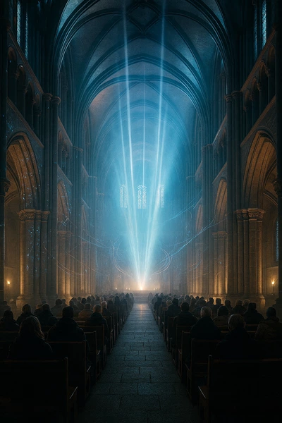 L'image montre l'intérieur sombre et majestueux d'une grande cathédrale gothique. Les murs et les voûtes sont en pierre sombre, éclairés par des lumières chaudes sur les côtés. Au centre, un puissant faisceau de lumière bleu-turquoise émerge de l'arrière de la nef, s'élevant vers les voûtes. De longues rangées de personnes assises sont visibles de dos, concentrées sur cette lumière dramatique qui traverse l'espace central.