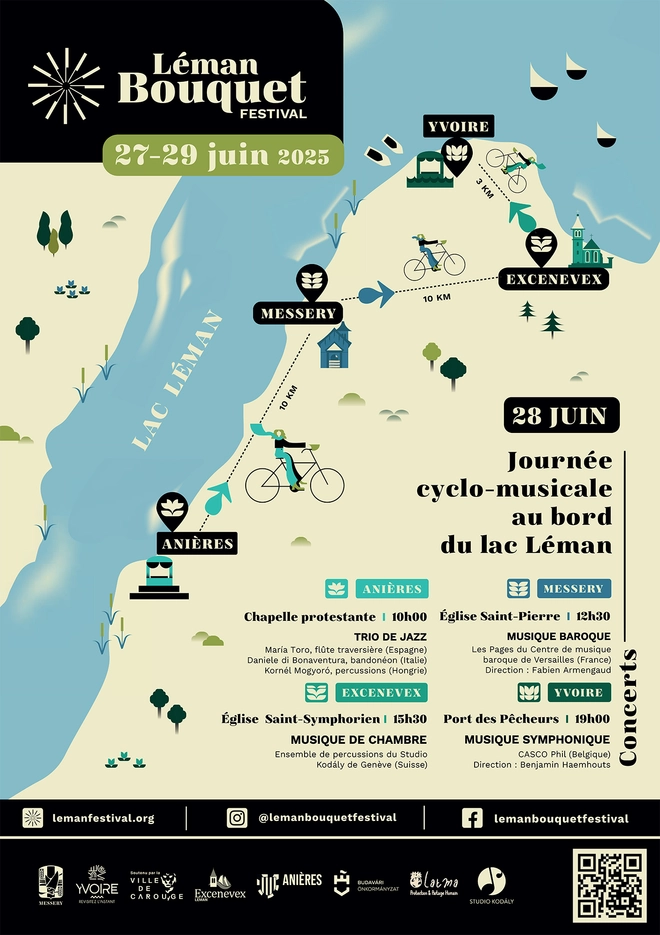 L'affiche du Léman Bouquet Festival 2025 est colorée et illustrée avec un style épuré et moderne. Elle présente une carte stylisée du lac Léman et de ses environs, avec un itinéraire de cyclotourisme reliant plusieurs villes en France (Messery, Excenevex, Yvoire) et en Suisse (Anières).

Éléments visuels :
Une carte du lac Léman, avec des repères pour chaque ville participante.
Des icônes de cyclistes indiquant les trajets et distances entre les étapes (10 km entre certaines villes, 3 km entre Yvoire et Excenevex).
Des symboles de lieux de concerts, comme des églises et une chapelle.
Des bateaux sur le lac, renforçant l’ambiance lacustre du festival.
Informations clés :
Le festival se déroule du 27 au 29 juin 2025.
Une journée spéciale cyclo-musicale est prévue le 28 juin avec quatre concerts dans différents lieux :
Anières (Chapelle protestante, 10h00) → Jazz
Messery (Église Saint-Pierre, 12h30) → Musique baroque
Excenevex (Église Saint-Symphorien, 15h30) → Musique de chambre
Yvoire (Port des Pêcheurs, 19h00) → Musique symphonique
En bas de l’affiche, on retrouve des logos des villes partenaires et des réseaux sociaux du festival. Un QR code permet d’accéder au site officiel.
