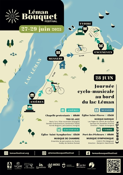 L'affiche du Léman Bouquet Festival 2025 est colorée et illustrée avec un style épuré et moderne. Elle présente une carte stylisée du lac Léman et de ses environs, avec un itinéraire de cyclotourisme reliant plusieurs villes en France (Messery, Excenevex, Yvoire) et en Suisse (Anières).

Éléments visuels :
Une carte du lac Léman, avec des repères pour chaque ville participante.
Des icônes de cyclistes indiquant les trajets et distances entre les étapes (10 km entre certaines villes, 3 km entre Yvoire et Excenevex).
Des symboles de lieux de concerts, comme des églises et une chapelle.
Des bateaux sur le lac, renforçant l’ambiance lacustre du festival.
Informations clés :
Le festival se déroule du 27 au 29 juin 2025.
Une journée spéciale cyclo-musicale est prévue le 28 juin avec quatre concerts dans différents lieux :
Anières (Chapelle protestante, 10h00) → Jazz
Messery (Église Saint-Pierre, 12h30) → Musique baroque
Excenevex (Église Saint-Symphorien, 15h30) → Musique de chambre
Yvoire (Port des Pêcheurs, 19h00) → Musique symphonique
En bas de l’affiche, on retrouve des logos des villes partenaires et des réseaux sociaux du festival. Un QR code permet d’accéder au site officiel.