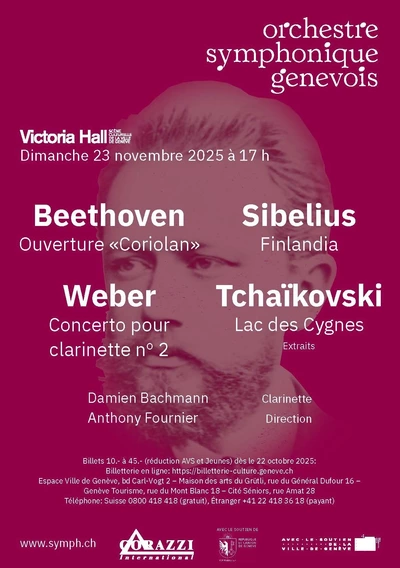 Orchestre symphonique genevois Affiche de la soirée sur un fond rouge vin, information des oeuvres qui seront jouées et des artistes.