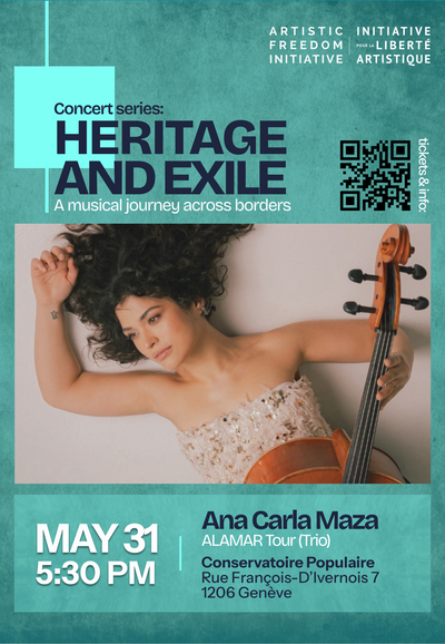 Ana Carla Maza (concert) Une image artistique de la musicienne Ana Carla Maza. Elle est allongée, vêtue d'une robe de soirée claire à paillettes, et enlace son violoncelle. Elle a une expression pensive et calme.