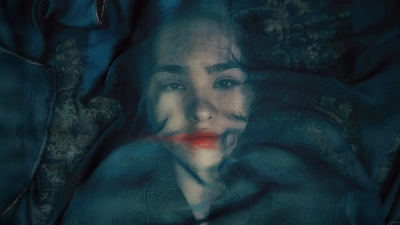 A Fox Under a Pink Moon Une jeune fille de face. Elle est allongée et est recouverte d'un tissu transparent.