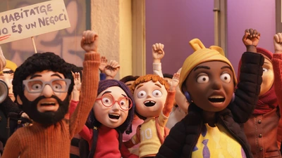 Image d'un film en animation en pâte à modeler. Des personnes sont en pleine manifestation.