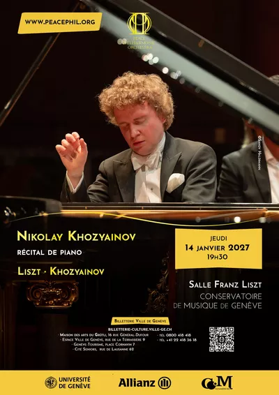Nikolay Khozyainov. Piano recital L'affiche du récital de piano de Nikolay Khozyainov du 14 janvier 2027, consacré à des œuvres de Franz Liszt, ainsi qu’à ses propres compositions pour piano, dont plusieurs seront données en première mondiale.