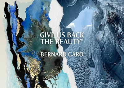 Collage of two abstract artworks by Bernard Garo in shades of blue, grey, and white, evoking glaciers and natural textures.