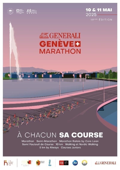 Sur cette image, on peut voir le titre de l'événement, les partenaires, ainsi que les dates. On y aperçoit le Jet d'eau de Genève, les montagnes entourant la ville, mais aussi des immeubles. Sur le pont, en bas de l'image, une foule de coureurs est visible. La course se déroule au coucher du soleil. Le titre, 'À chacun sa course', accompagne les huit circuits possibles mentionnés en bas de la page. Enfin, tout en bas de l'image, on retrouve les partenaires de l'événement.
