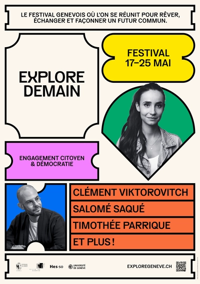 Affiche de l'édition 2025 d'Explore Demain, mettant notamment à l'honneur Salomé Saqué et Clément Viktorovitch