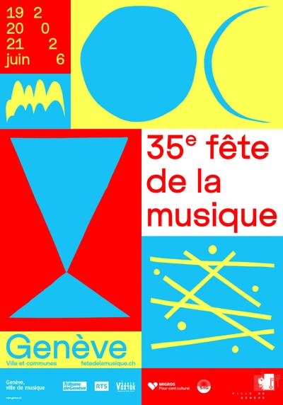 L’image est composée de blocs de couleurs vives (rouge, bleu ciel, jaune). On y voit des formes abstraites évoquant des astres (soleil, croissant de lune) et des motifs graphiques comme des lignes jaunes entrecroisées.