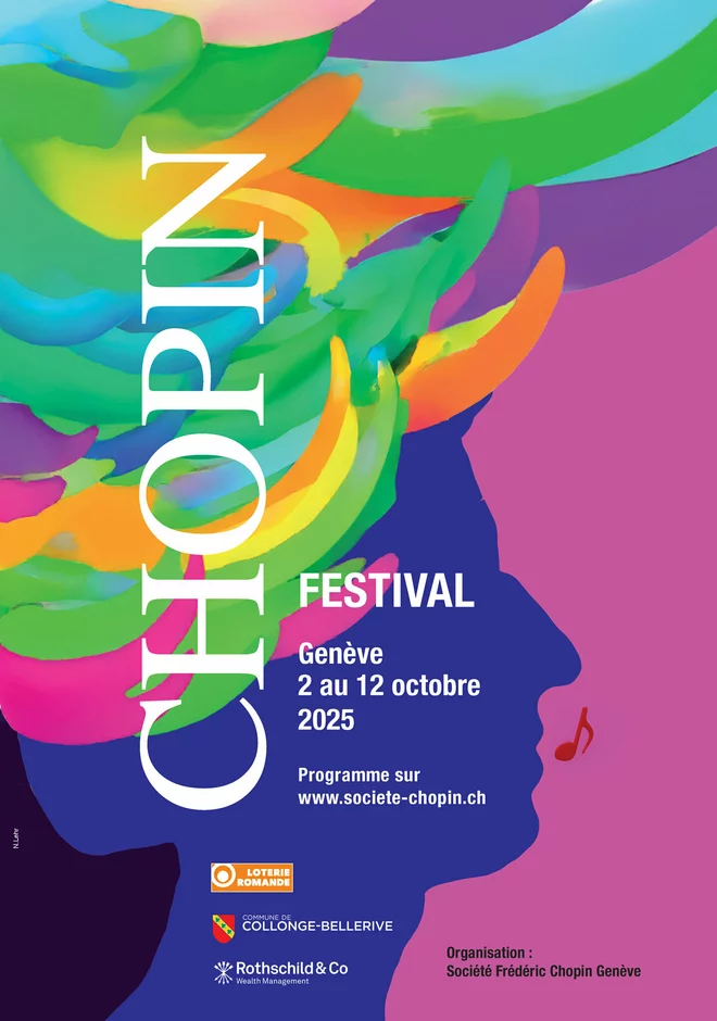 L'image est une affiche colorée pour le Festival Chopin 2025. Le fond présente des éclats de couleurs vives dans des teintes de vert, bleu, rose et orange, formant des formes abstraites. Le mot "CHOPIN" est écrit en lettres blanches, bien visibles sur la partie gauche. À droite, on peut voir le texte "Festival" ainsi que les dates et le lieu, "Genève, 2 au 12 octobre 2025". Un petit logo de la société organisatrice "Société Frédéric Chopin Genève" est également visible. Le visage de Chopin en profil se dessine subtilement dans le mélange de couleurs, avec une note de musique rouge au niveau de la bouche. En bas, on trouve les logos de différents partenaires.