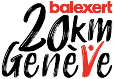 L’image montre un logo coloré et dynamique. En haut, on lit le mot « balexert » écrit en rouge avec des lettres droites et simples. En dessous, les mots « 20 km Genève » apparaissent en noir. Le mot Genève est écrit en plus large, et la lettre V est remplacée par une silhouette stylisée d’une personne qui lève les bras en rouge, évoquant la victoire, l’énergie ou la joie.