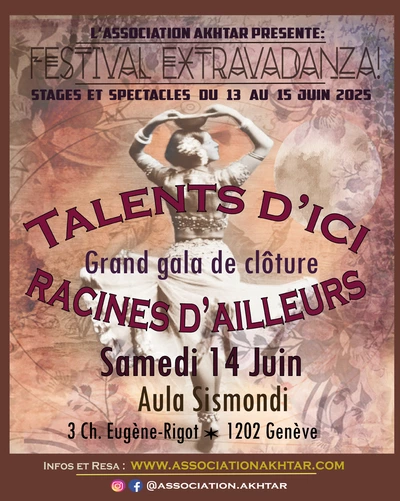 Affiche de promotion du festival Extravadanza! 2025, met en scène la danseuse du 20e siècle Ruth St Denis sur un fond orangé. L'affiche indique que des stages et un spectacle sont proposés du 13 au 15 Juin.