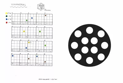 À gauche, une partition intitulée Icosahedral de Valby Vokalgruppe, composée de grilles avec des points colorés.
À droite, une illustration circulaire de Francis Baudevin, Goboexcello 3, négatif, représentant un disque noir percé de douze cercles blancs.