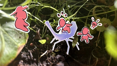 Des personnages rondouillets sont dessinés sur une photo en gros-plan d'herbes et de terre. L'un d'eux monte sur un insecte.