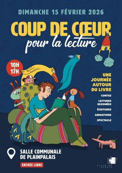 Un jeune garçon en train de lire avec des personnages imaginaires autour de lui