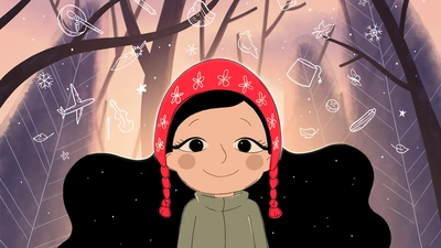 illustration d’une jeune fille souriante portant un foulard rouge à fleurs et des tresses, sur un fond de forêt stylisée. Autour d’elle flottent des dessins d’objets symboliques (livre, guitare, avion, lune, étoile…).