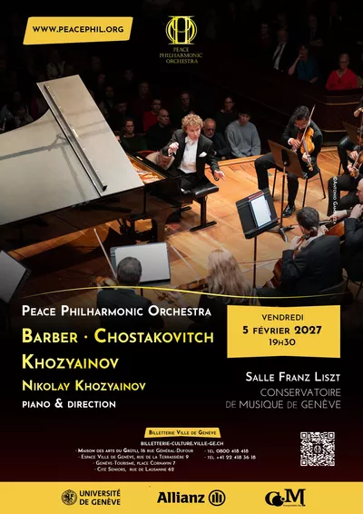 Peace Philharmonic & Nikolay Khozyainov Perform Barber, Shostakovich and Khozyainov L'affiche du concert du 5 février 2027 du Peace Philharmonic et Nikolay Khozyainov qui interprétent l’Adagio de Barber, le Concerto pour piano n° 1 de Chostakovitch, ainsi que l’Intermezzo et le Concerto pour piano de Nikolay Khozyainov.