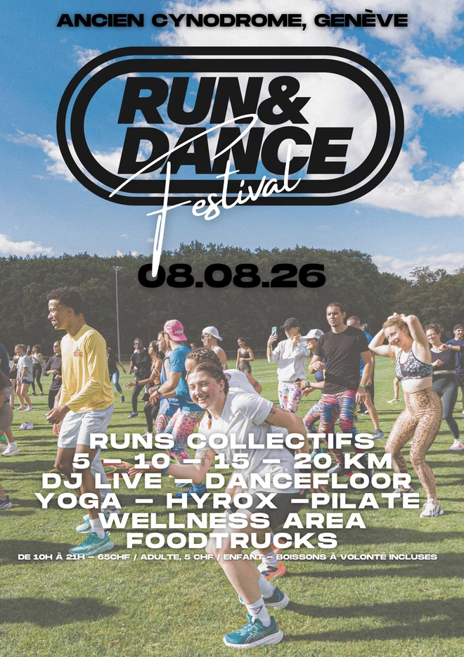 Cette image est l'affiche du Run & Dance Festival, on peut voir des personnes sur un terrain en train de s'entrainer.