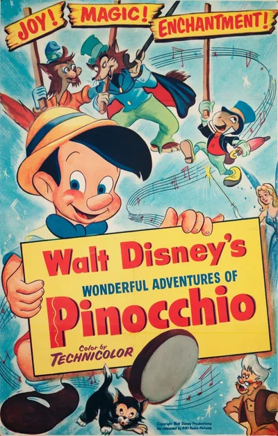 CinéClubturel - Pinocchio Le pantin de bois Pinocchio, accompagné de Jiminy Cricket, évolue dans un univers féerique et coloré, symbole d'aventure, d'apprentissage et de quête d'humanité.