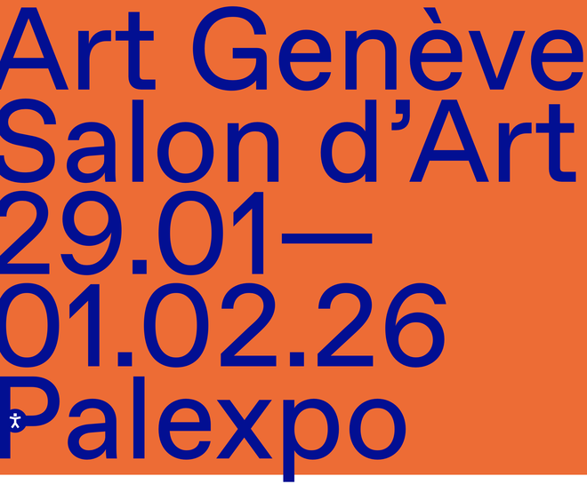 Visuel promotionnel pour Art Genève, Salon d'Art. L'image est dominée par un fond orange vif. Le texte, en grandes lettres bleu foncé, indique clairement la période de l'événement, soit du 29.01 au 01.02.26, ainsi que son lieu, Palexpo.