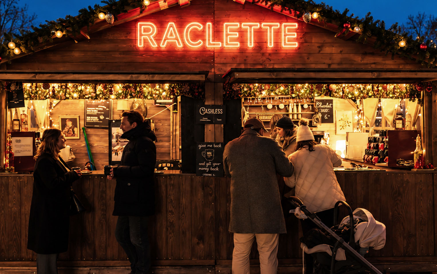 Menschen mit heissen Getränken und eine Familie, die an einem Raclette-Holzchalet bestellt, beleuchtet von roter Neonschrift und Lichterketten in der Abenddämmerung